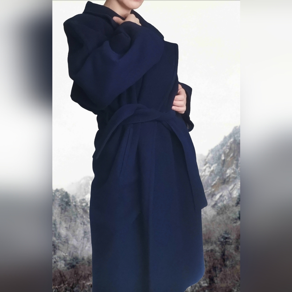 Vintage Holt Renfrew Navy Blue Belted Coat Pure Virgin Wool